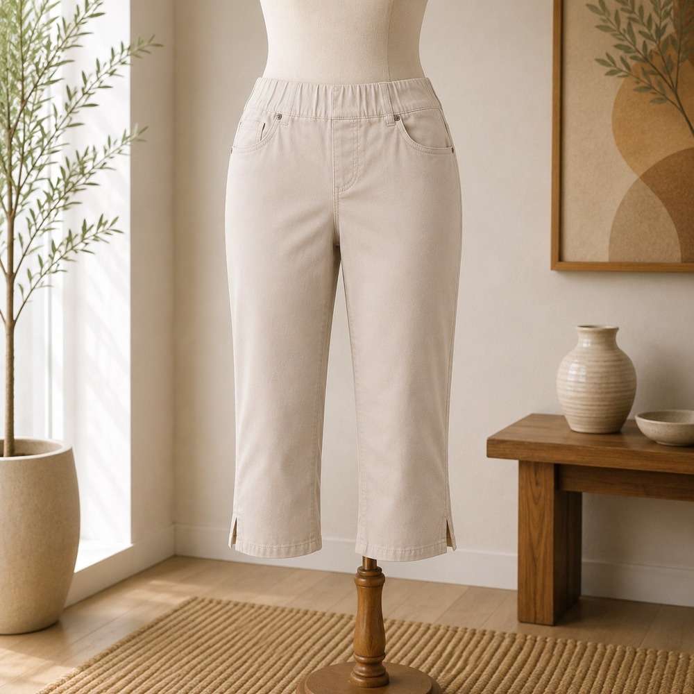 NEW Belle Kim Gravel Capri Pants 22W Sand Beige Elastic Waist Stretch Crop